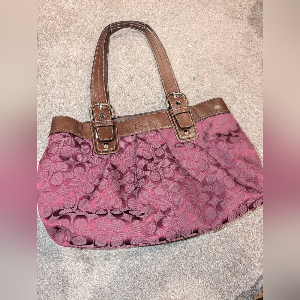Coach Signature Shoulder Bag with Brown Leather Trim